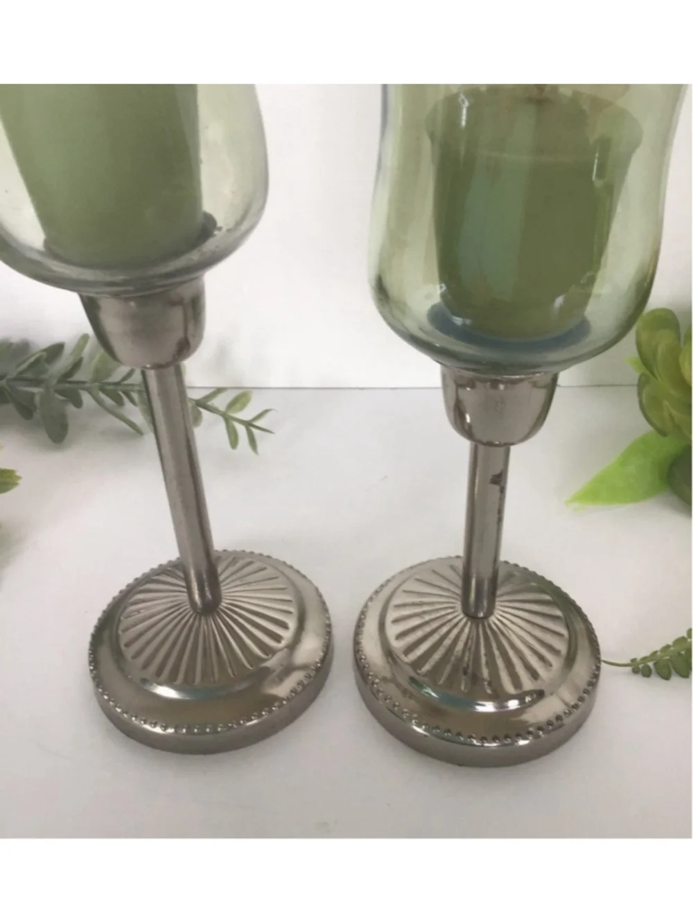 Candlesticks Silverplated with Sage colored Glass - Picture 2 of 4